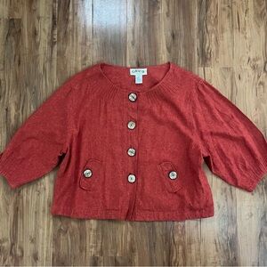 Orvis Linen Red Knit Top / Cardigan with Decorative Button